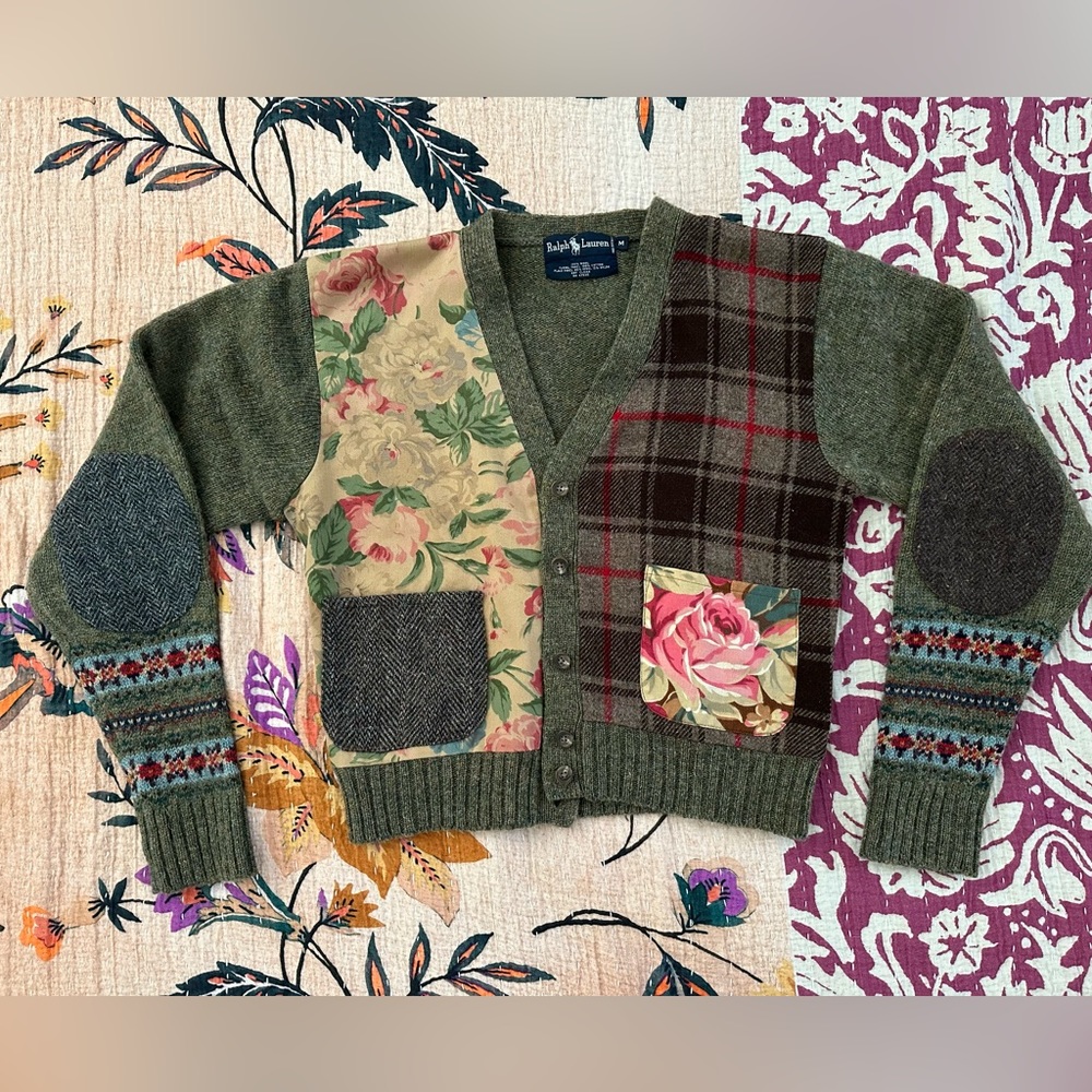 Vintage 80s Ralph Lauren floral plaid wool cardigan RARE IYKYK size M